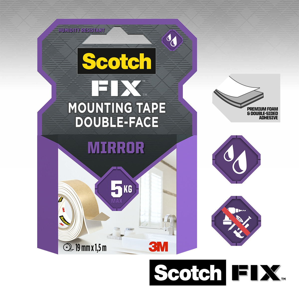 Taśma montażowa dwustronna do luster i łazienki 19mm x 1,5m Scotch-Fix